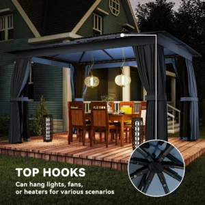 10 x 12 Outdoor Pavilion, soft roof with curtains, net, steel frame, hooks, blue