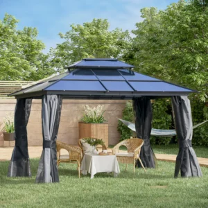 10 x 12 Hardtop-Pavillon mit Polycarbonat-Dach, Alurahmen, Netzschutz, hellgrau