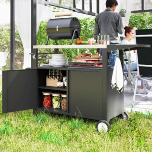 Outdoor-Grillwagen mit Edelstahlplatte, klappbarem Seitentisch und Rollen