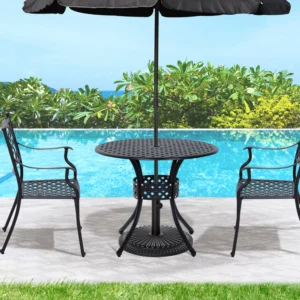 CampGlut 33 Zoll runder Aluminium-Gartentisch mit Sonnenschirmloch schwarz.