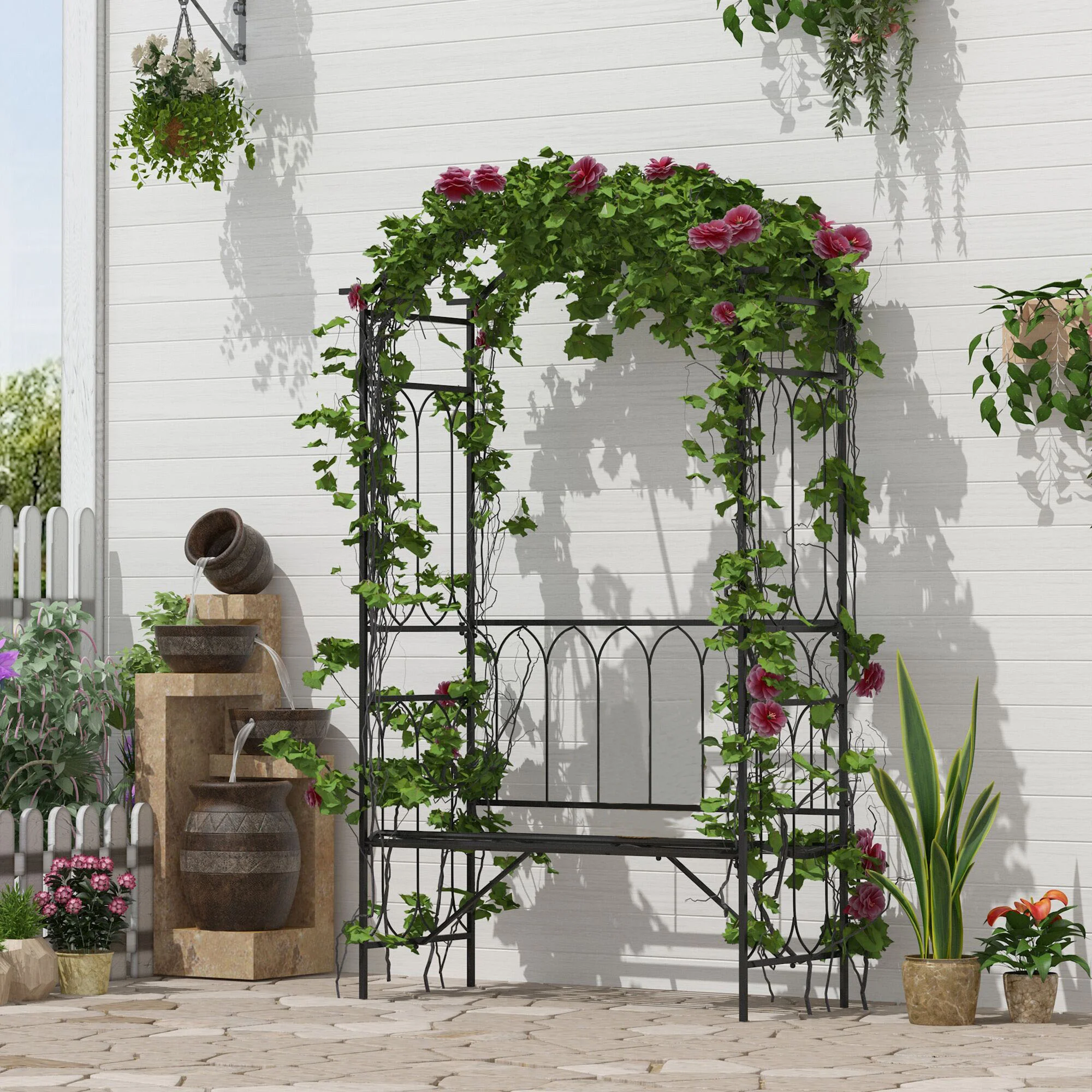 Metall-Spaliertorbogen für Kletterpflanzen mit Gartenbank, für Wein und Ranke... – Bild 6