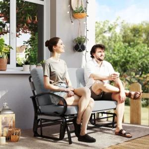 Garten-Schaukelbank, 2-Sitzer mit getufteten Polstern, Stahlgestell, Grau