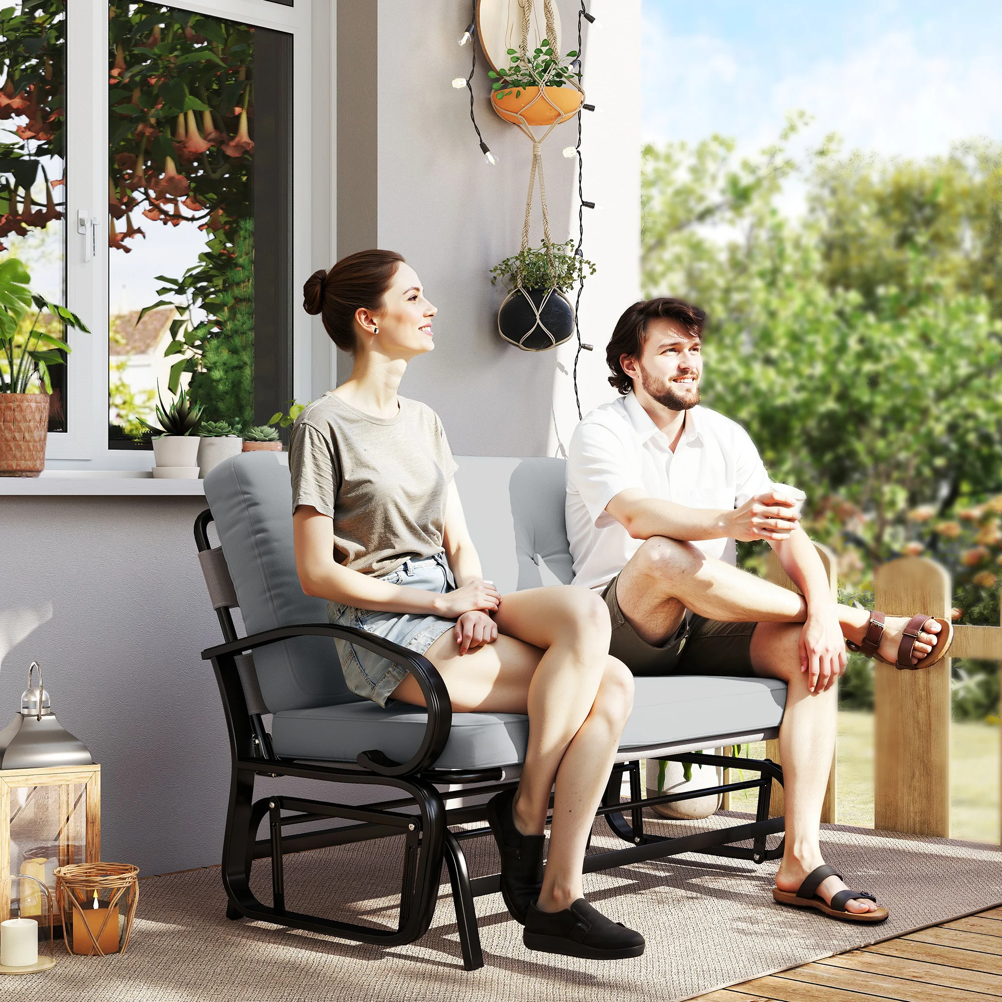 Garten-Schaukelbank, 2-Sitzer mit getufteten Polstern, Stahlgestell, Grau