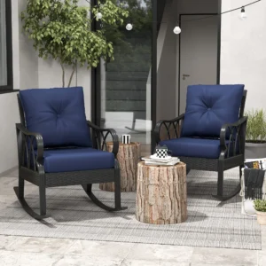 2er-Set Outdoor Rattan-Schaukelstühle mit Polstern, Alugestell, Blau