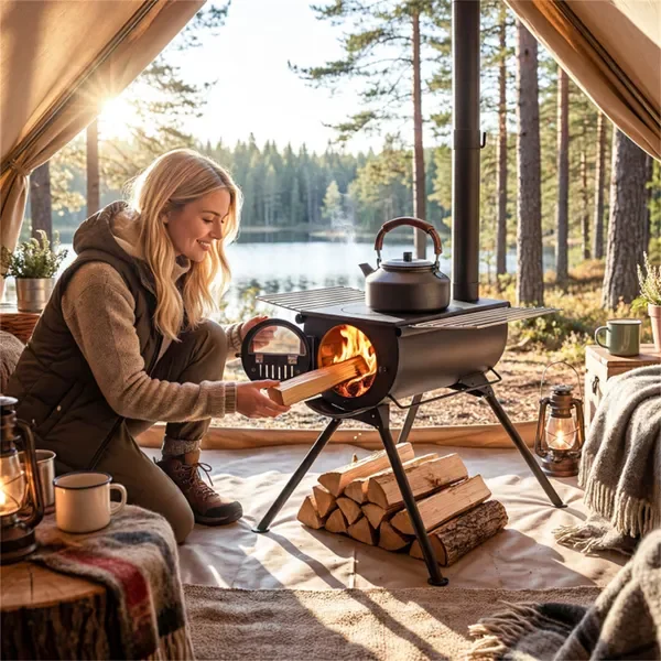 Portable folding wood stove for tents with 5-piece chimney, carbon steel... - Image 5
