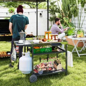 Outdoor-Barwagen mit Edelstahlplatte, Rollen, Ablage & Haken