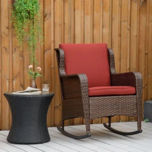Weinroter Rattan-Schaukelstuhl mit Polstern, Stahlrahmen für Terrasse, Garten