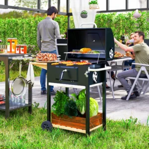 Holzkohlegrill, tragbar für Camping & Garten, mit Seitentisch, Ablage, Rädern...