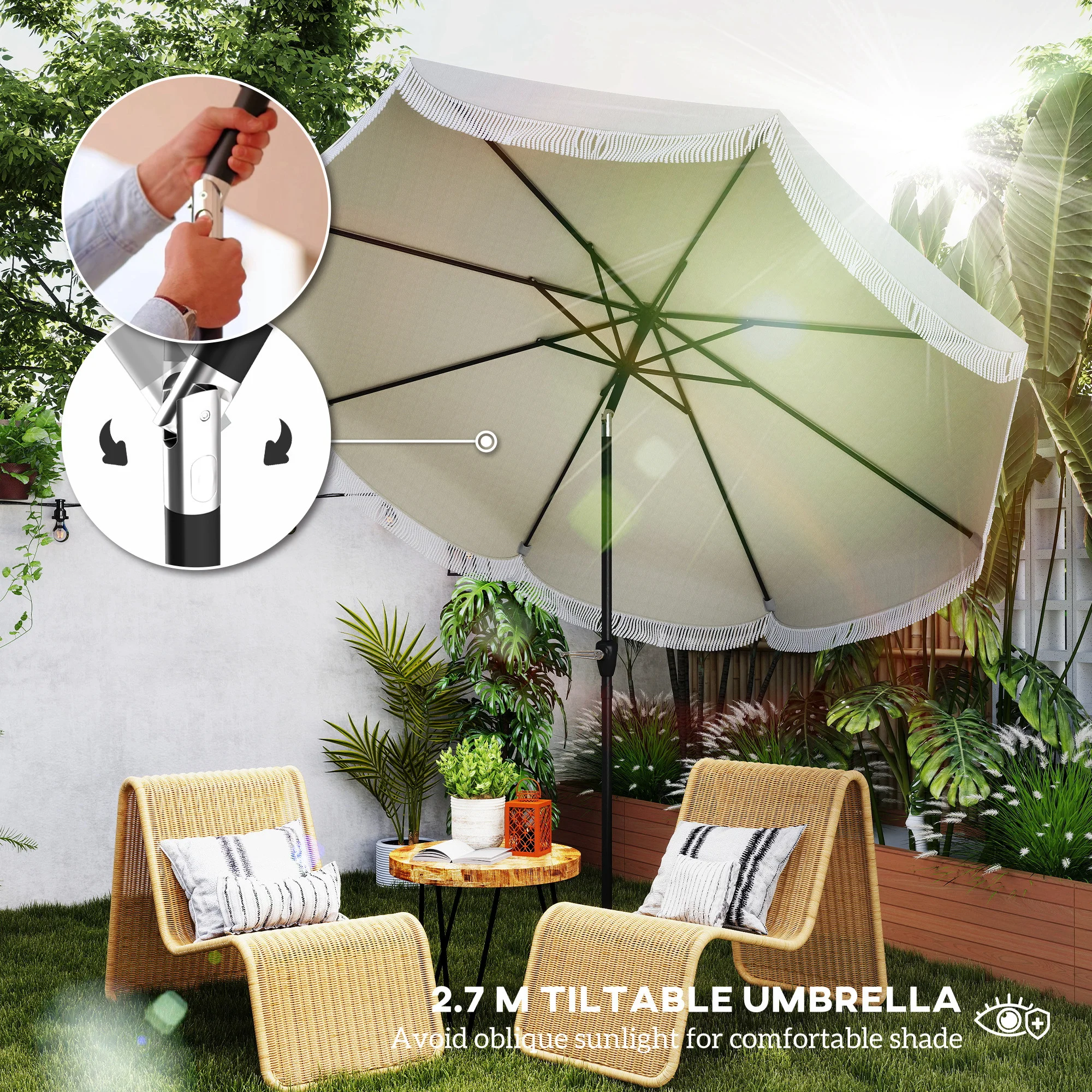 9FT Terrassenschirm, UPF 30+, Kurbel, 8 Rippen, Kippfunktion, belüftet, hellgrau – Bild 7