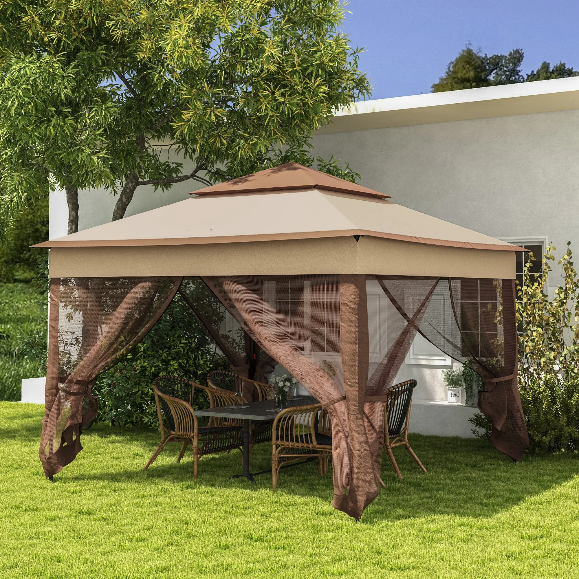 Outdoor-Pavillon mit Reißverschlussnetz, Tragetasche, 11 x 11, Khaki – Bild 3