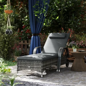 CampGlut Outdoor Lounge Chair mit verstellbarer Rückenlehne und Rollen.