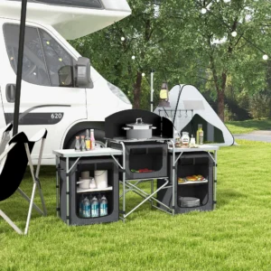 Alu-Campingküche, klappbarer Campingtisch mit Stoffschränken, Windschutz, Tas...