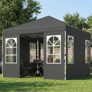 CampGlut Pop-Up Zelt 9,6x9,6 ft mit Seitenwänden aufgestellt.