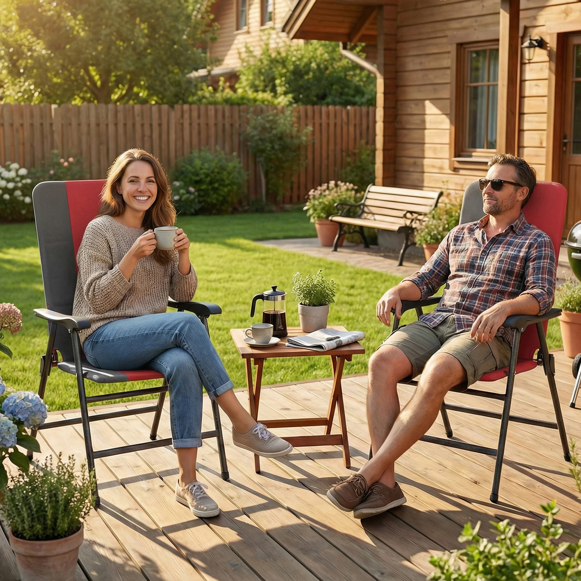 CampGlut klappbare Terrassenstühle als Set für zwei Personen.