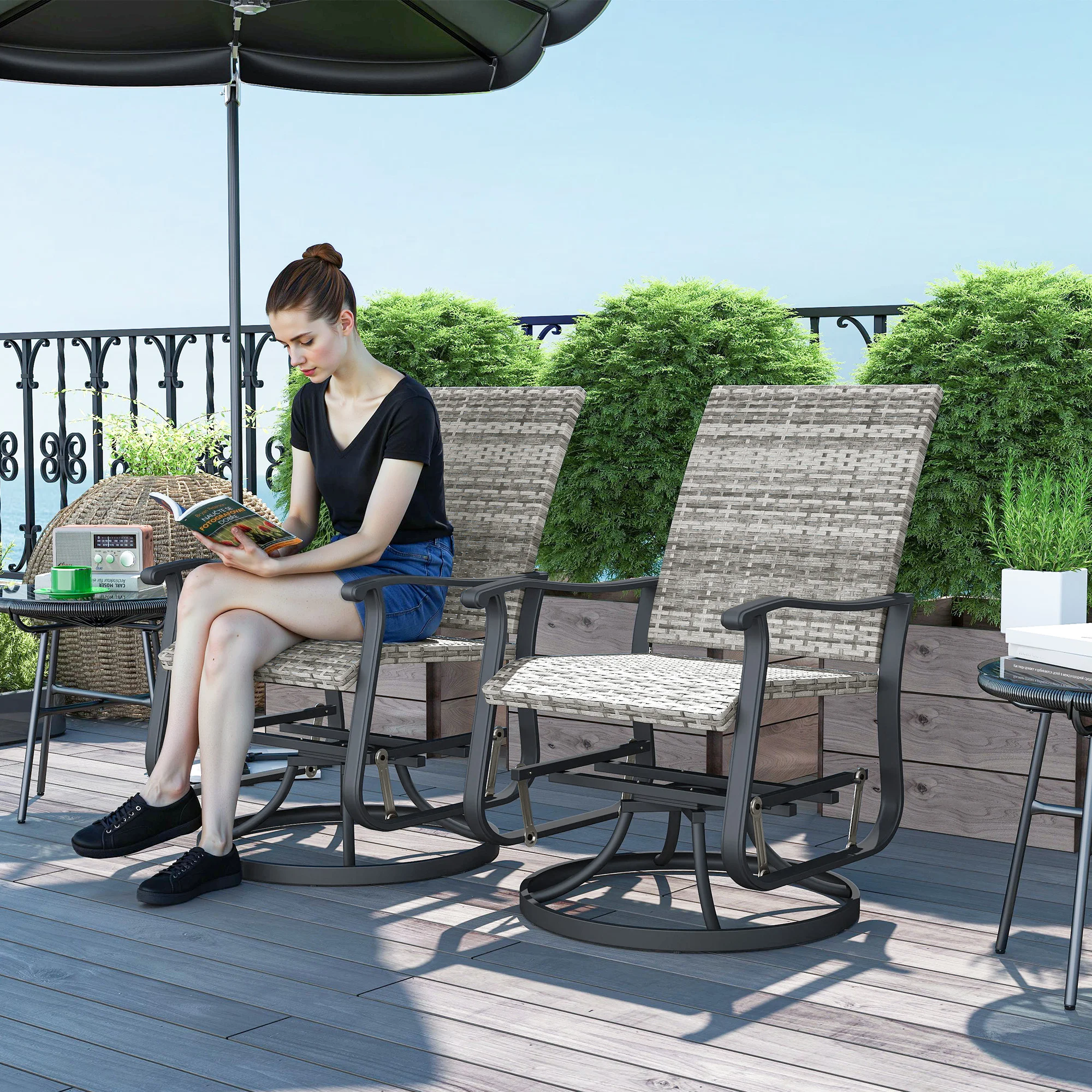 Geflecht Rattan Schwenk-Sessel Set 2er, Outdoor Sessel mit Stahlrahmen, hohe ... – Bild 7