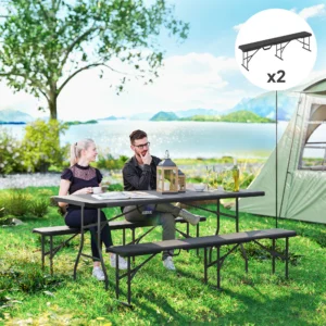 CampGlut Set von 2 schwarzen Falt-Campingbänken, 180 cm.
