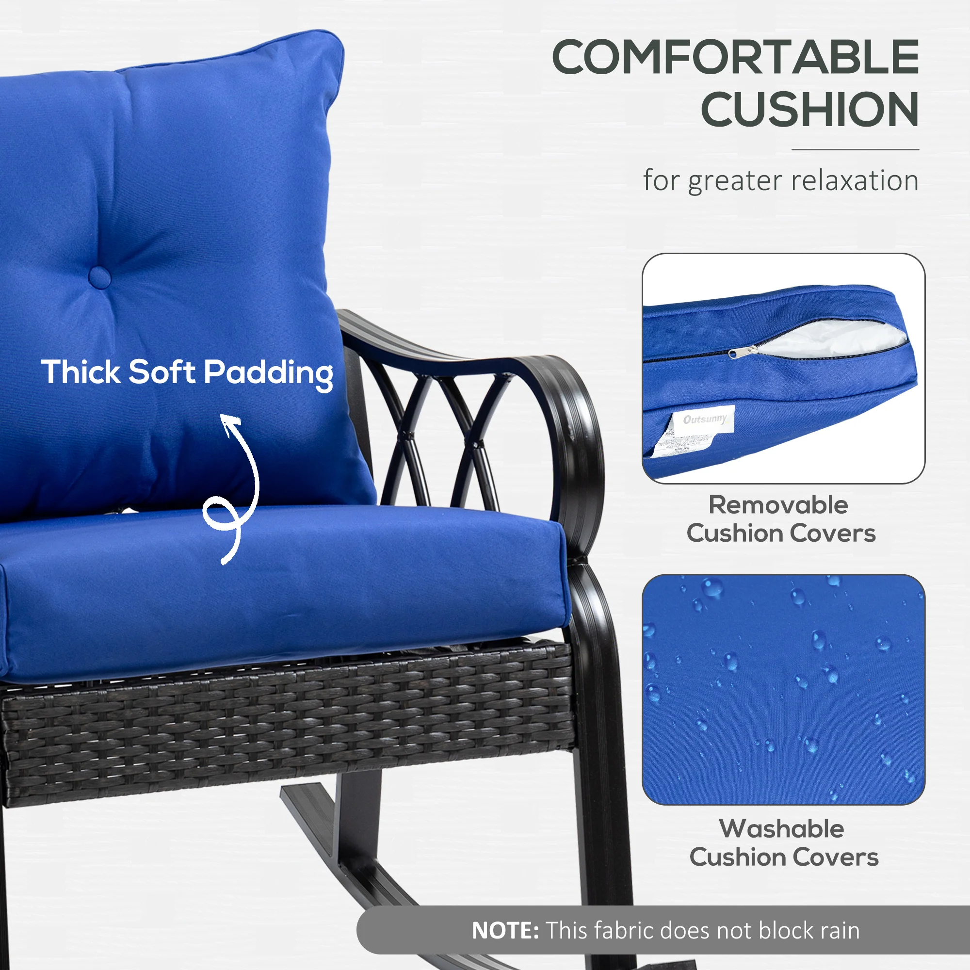 Fauteuil à bascule en rotin de jardin avec coussins, aluminium, accoudoirs, bleu - Imagen 6