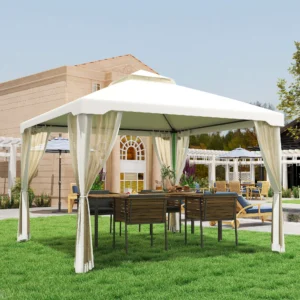 9,6 x 9,6 m Terrassenpavillon, 2-stöckiges Dach mit Netz, Stahlrahmen, cremeweiß