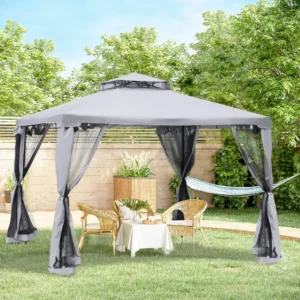 9,6 x 9,6 m Terrassenpavillon, Überdachung mit Doppeldach und Netz, Stahlrahm...