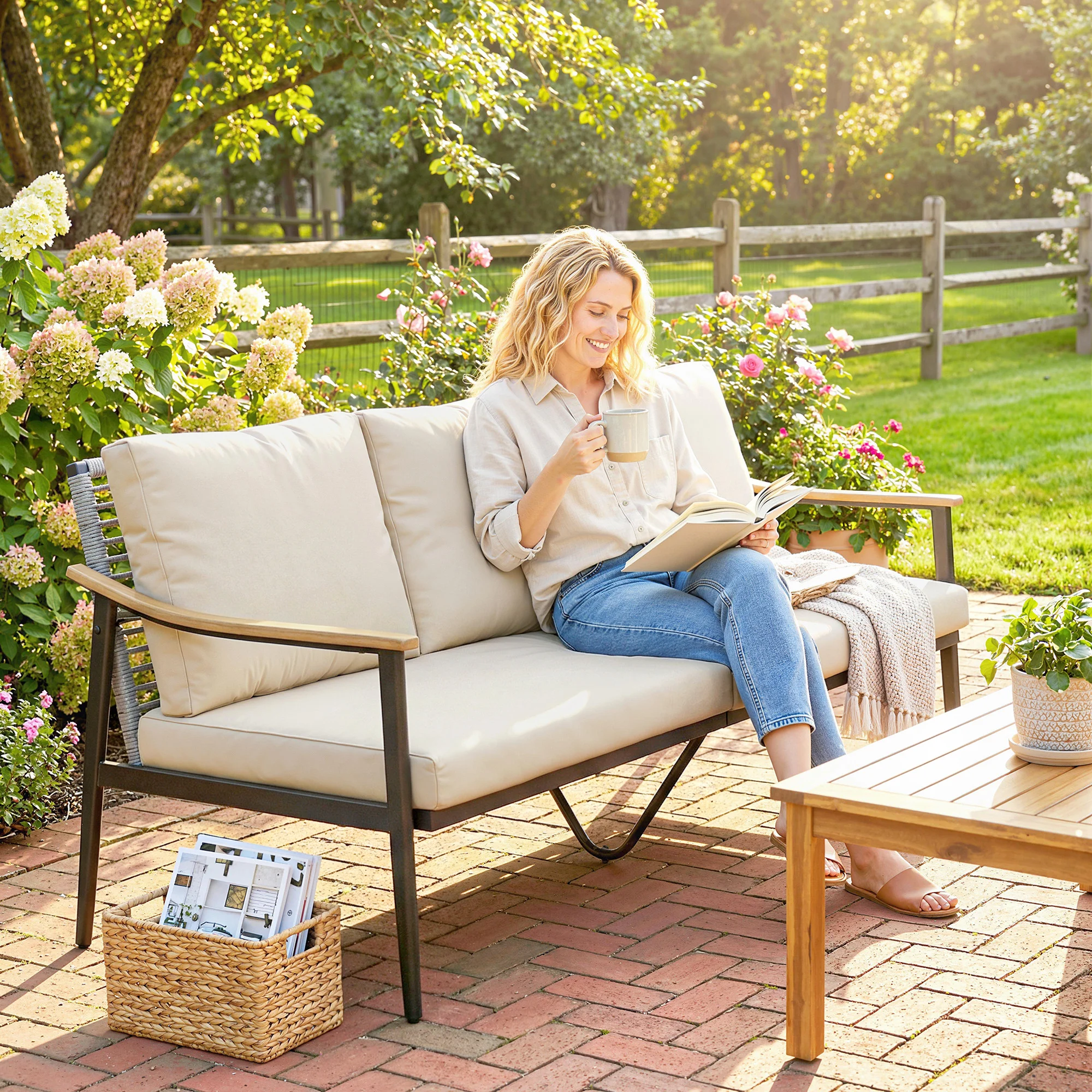 3-Sitzer Outdoor-Sofa mit Holzarmlehnen, Rattanrückenlehne, Kissen, Khaki