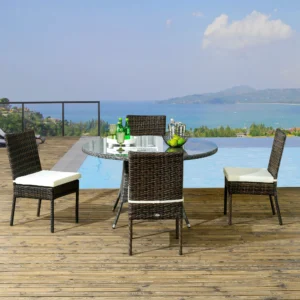 4er-Set Rattan-Esstischstühle Outdoor mit Polstern, braun