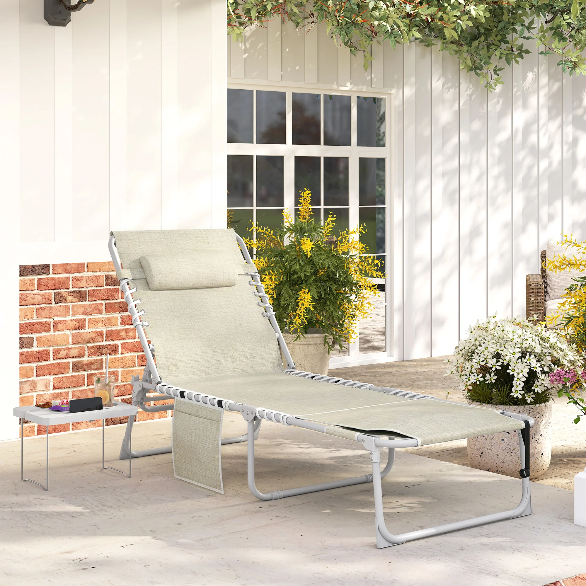 Sonnenliege mit Gesichtsloch und Beistelltisch, 5-fach klappbar, beige – Bild 8