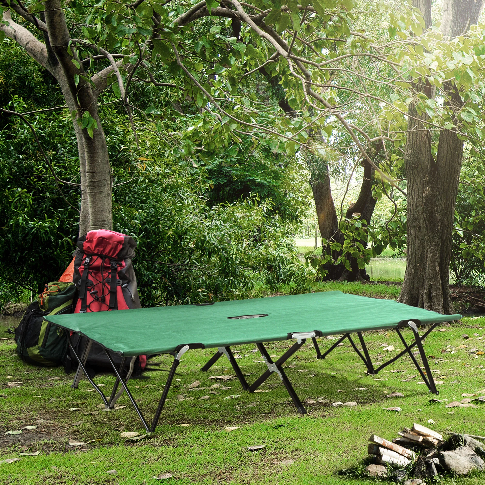 2-Person Folding Camp Bed for Adults, 127 cm Wide, with Carry Bag, Green – Image 4