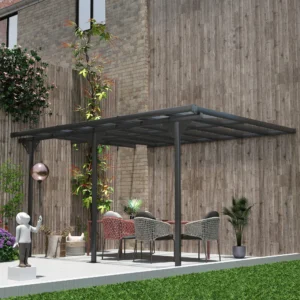 CampGlut graue Alu-Polycarbonat-Pergola mit UV-Schutz an Wand montiert.