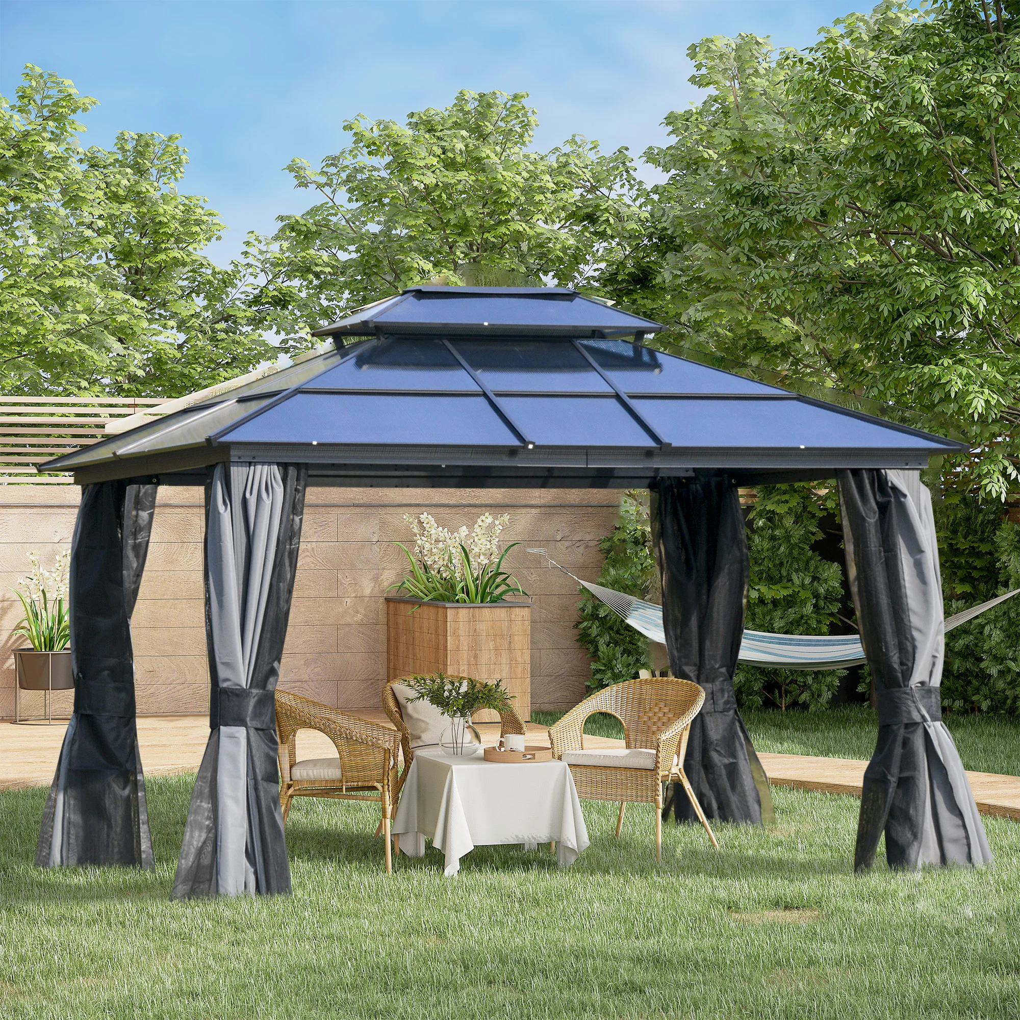 10 x 12 Hardtop-Pavillon mit Polycarbonat-Dach, Alurahmen, Netzschutz, hellgrau – Bild 6