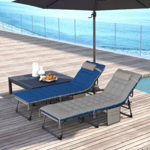 Outdoor-Liegestuhl-Set 2er, 5-fach verstellbar mit Polstern, Braun/Blau