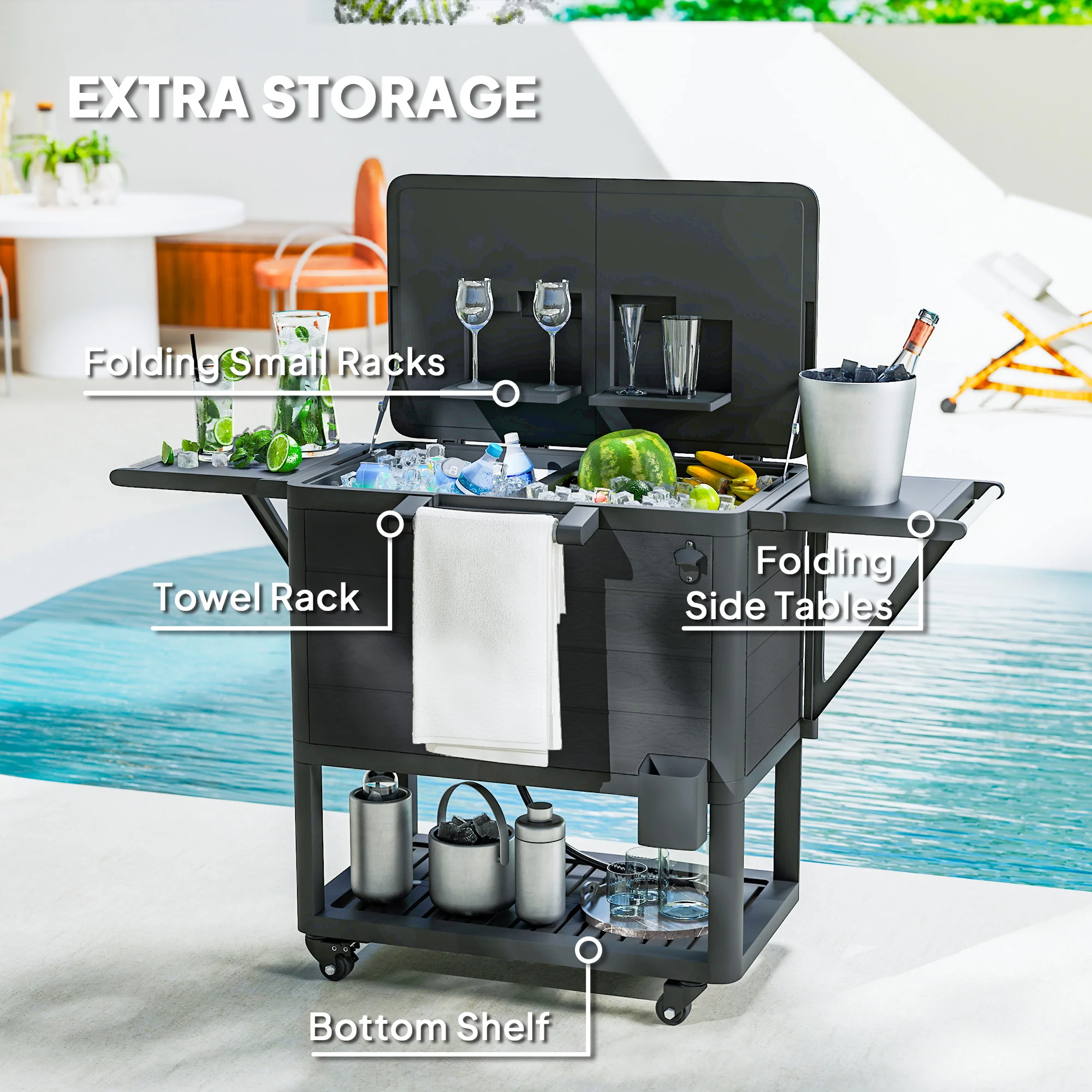 104 Quart Großer Outdoor-Kühlwagen, Rollkühltruhe mit Flaschenöffner & Ablage... – Bild 7