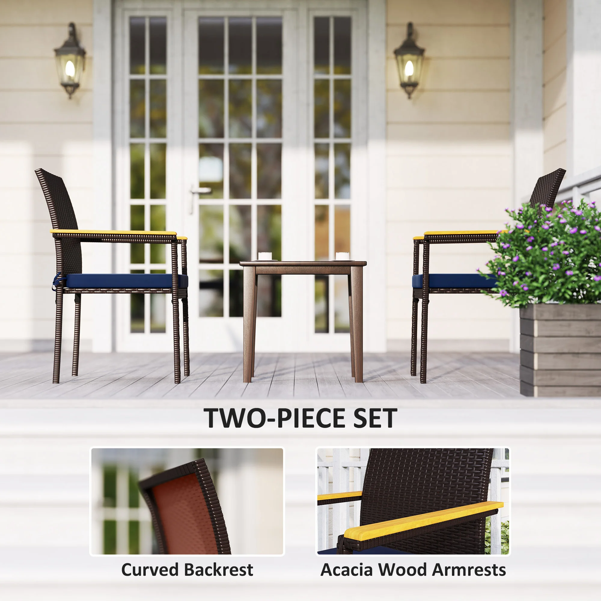 Stapelbarer Wicker-Essstuhl 2er-Set mit Polstern, Armlehnen, Navy – Bild 3