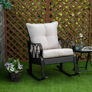 Gepolsterter Outdoor-Korbstuhl, Alu-Rattan-Sessel mit Armlehnen, Khaki
