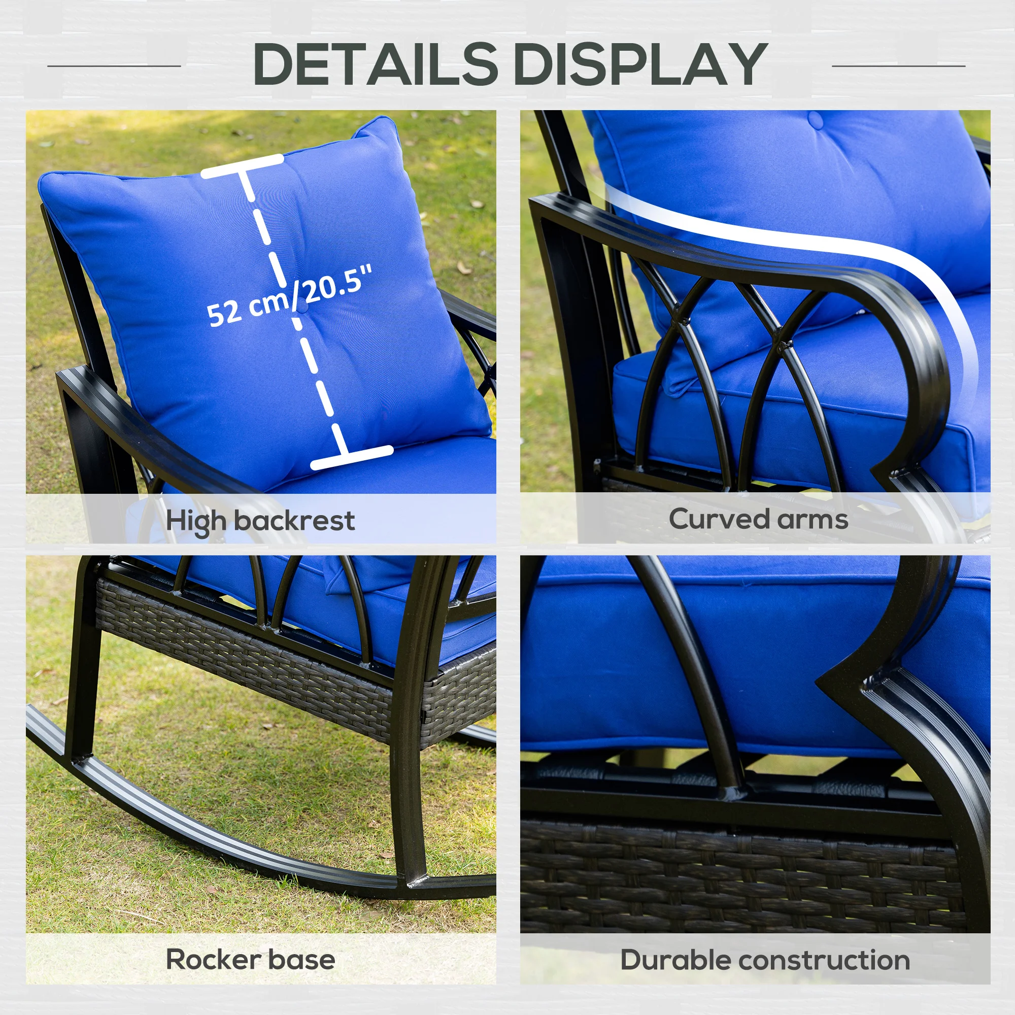Fauteuil à bascule en rotin de jardin avec coussins, aluminium, accoudoirs, bleu - Imagen 5