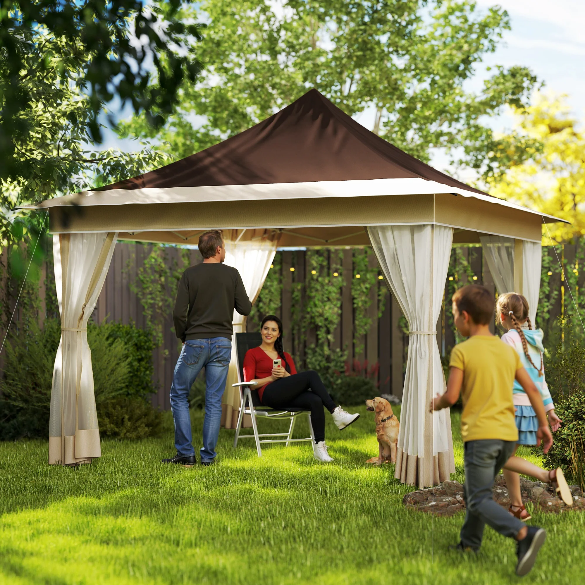 12 x 12 ft. Garden Gazebo with Mosquito Net, UPF50+, Includes Carry Bag, Brown - Imagen 7