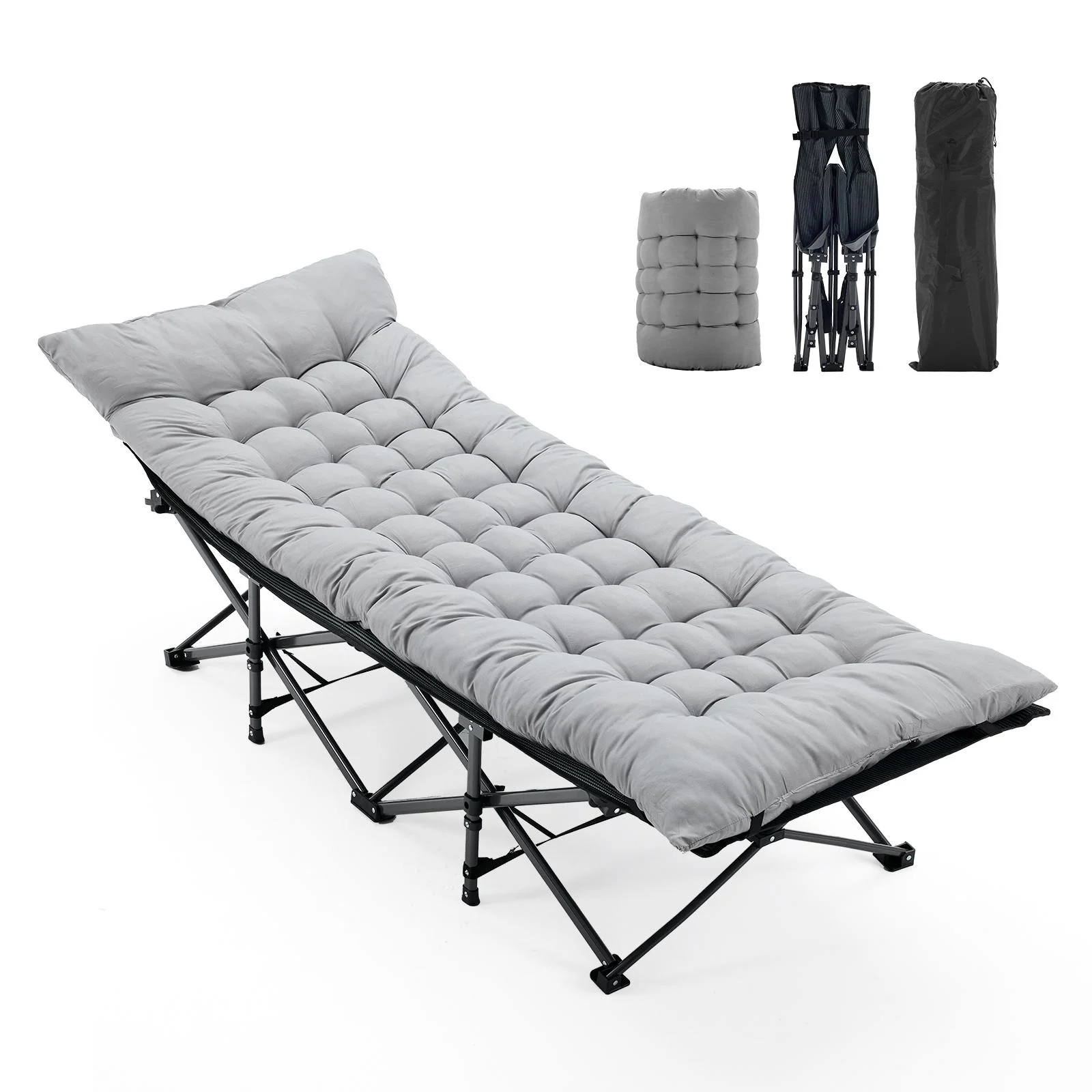 CampGlut klappbares Campingbett mit Matratze, aufgebaut.