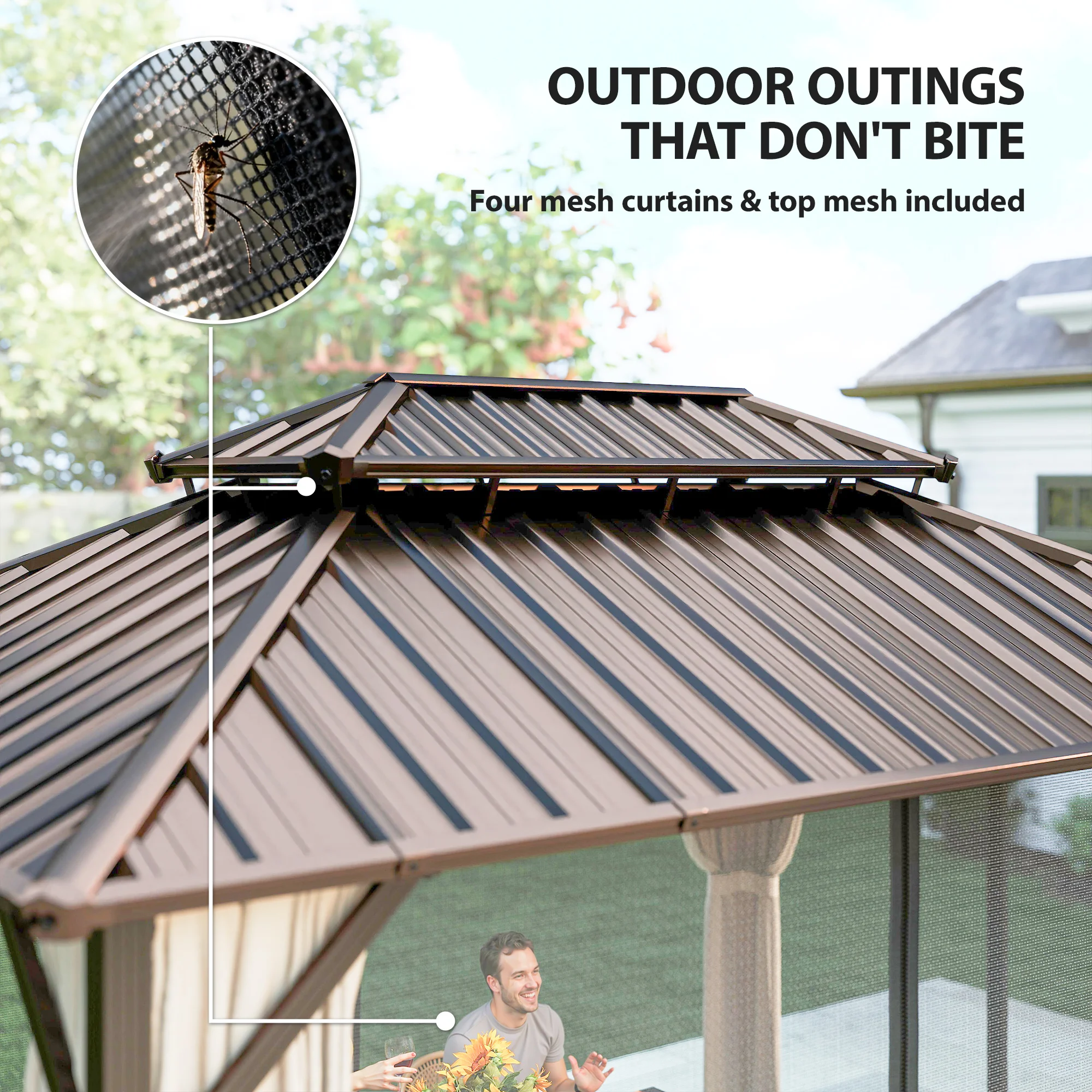 CampGlut 10x14 Hardtop Gazebo mit doppeltem Stahldach im Garten.
