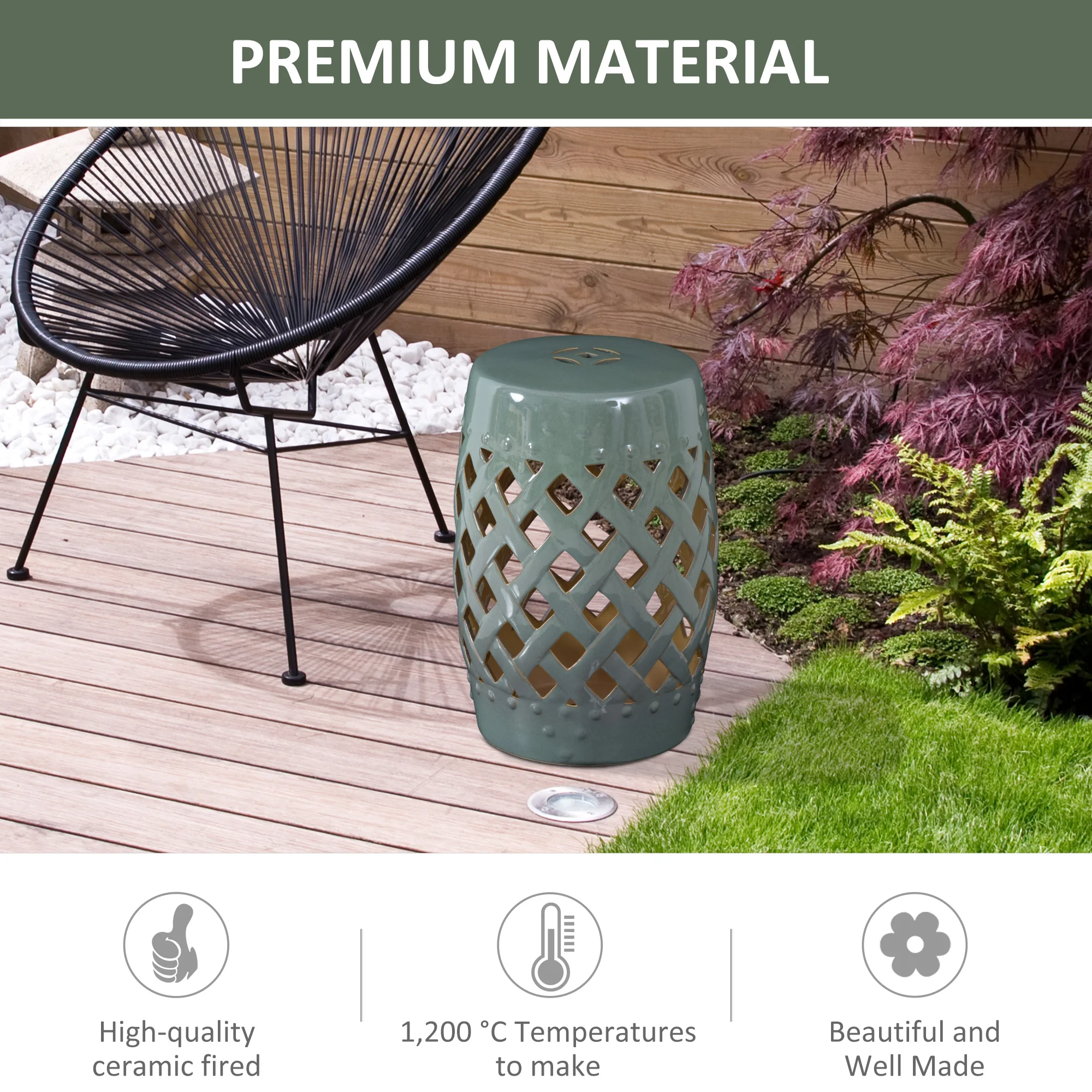 13" x 18" Keramik-Gartenhocker mit geflochtenem Gitterdesign, glasiert, dekor... – Bild 3