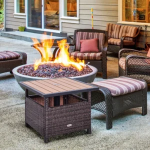CampGlut Outdoor Beistelltisch mit Sonnenschirmloch Rattan