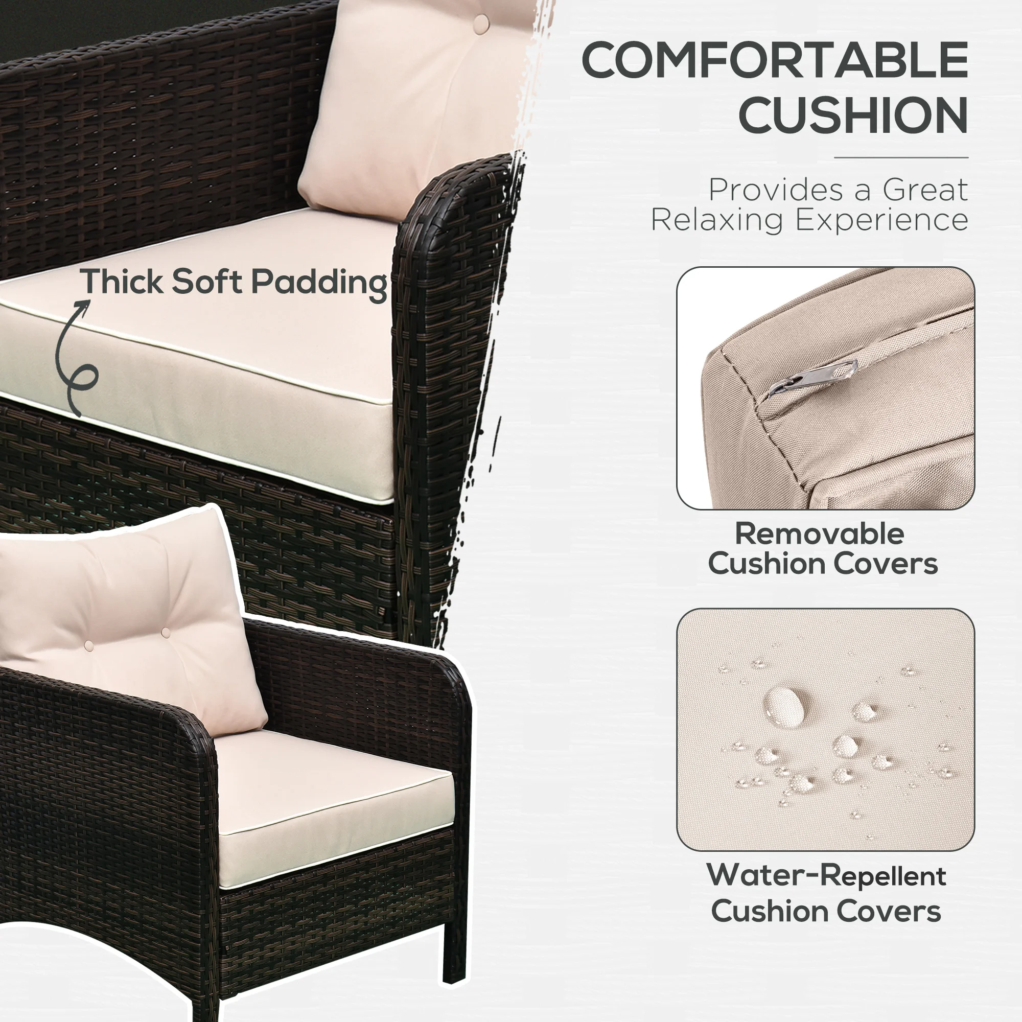 5-teiliges Rattan-Sitzgruppe-Set mit 2 Polstersesseln, 2 Hockern und Couchtis... – Bild 2