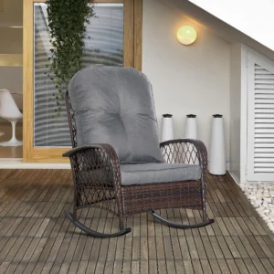 Rattan-Veranda-Schaukelstuhl mit Plüschkissen, Grau
