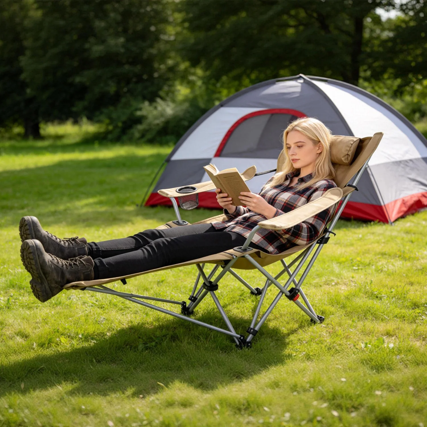 CampGlut Campingstuhl mit Fußstütze.