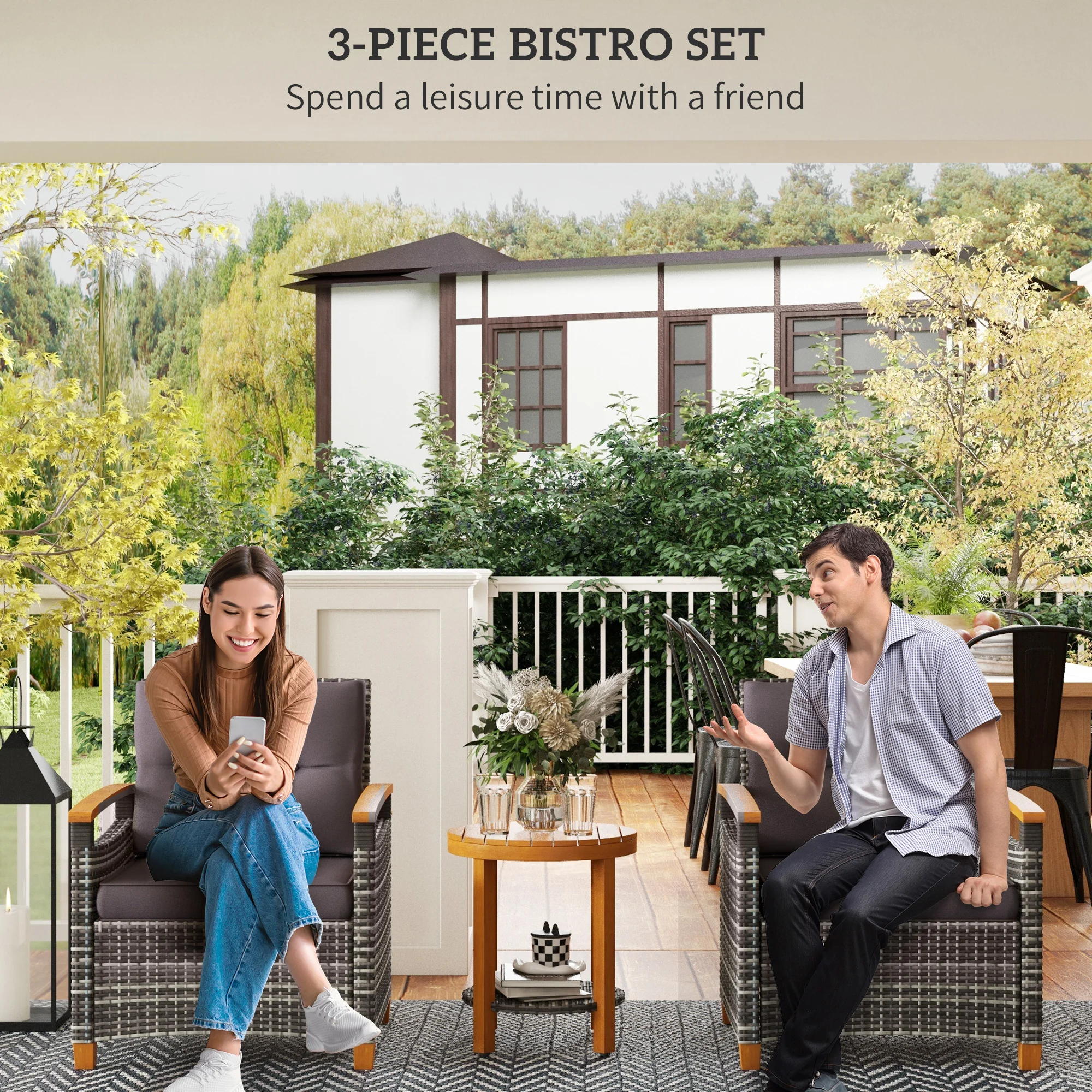Outdoor Bistro-Set aus Rattan mit Polstern für Terrasse, Garten, Grau – Bild 8