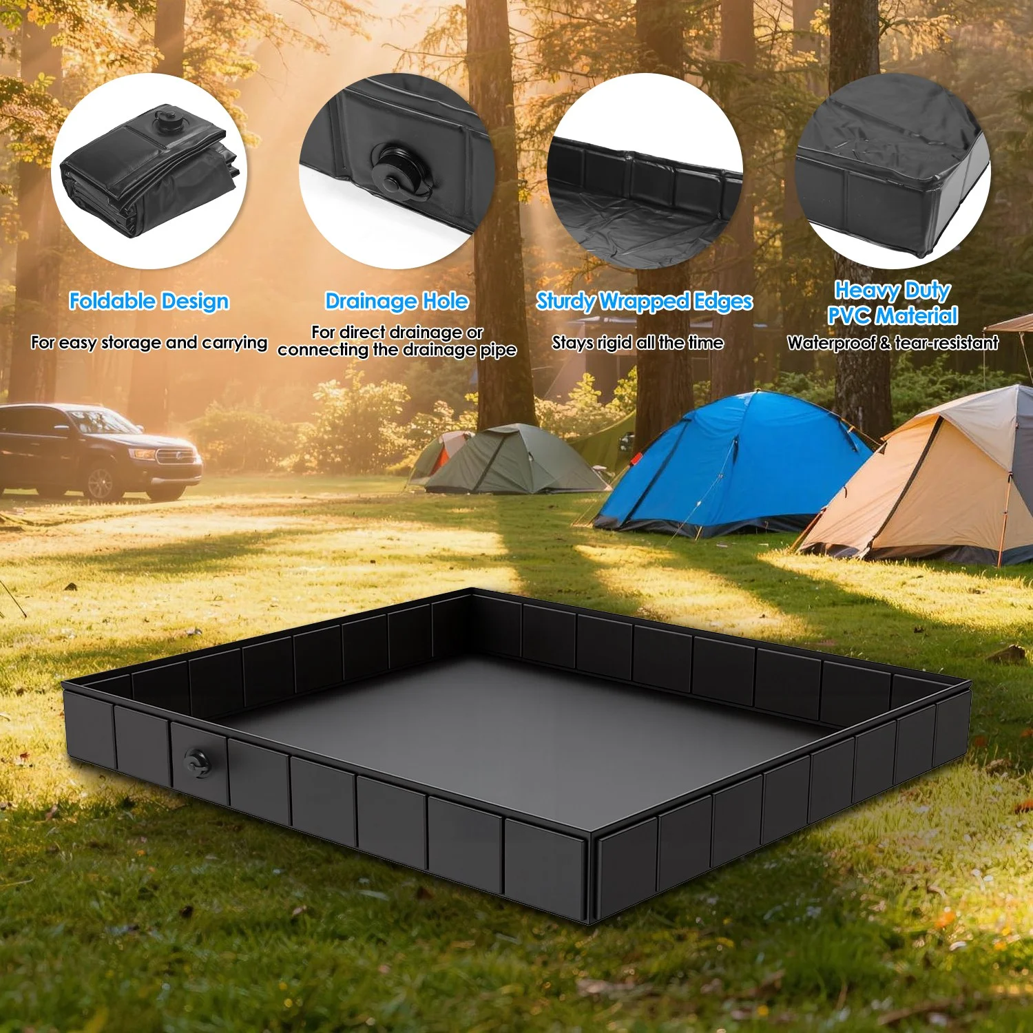 Bac de douche pliable 41x41x5,5 cm pour camping avec tuyau d'évacuation – Image 4
