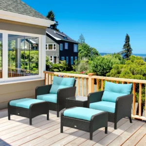 5-teiliges Rattan-Loungeset für Terrasse mit 2 gepolsterten Sesseln, 2 Hocker...