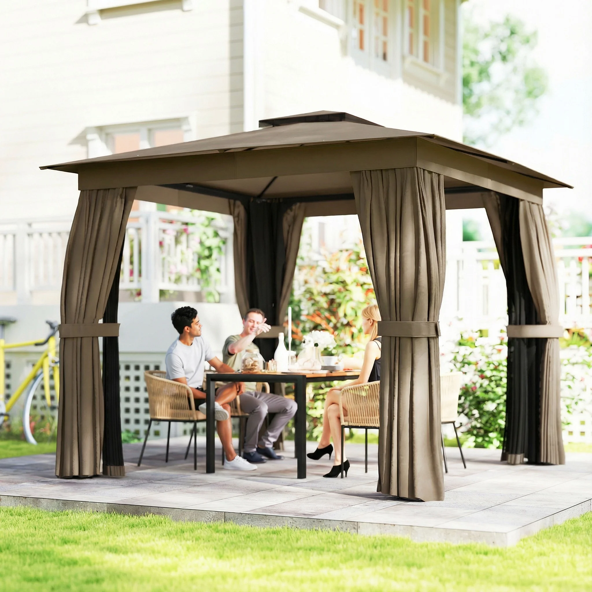 10 x 10 Outdoor Pavilion, Soft Top with Curtains, Netting, Steel Frame, Hooks, Khaki – Image 4