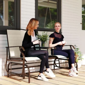 Gartenbank mit Mitteltisch, Metallgestell, atmungsaktivem Mesh, Armlehnen, beige