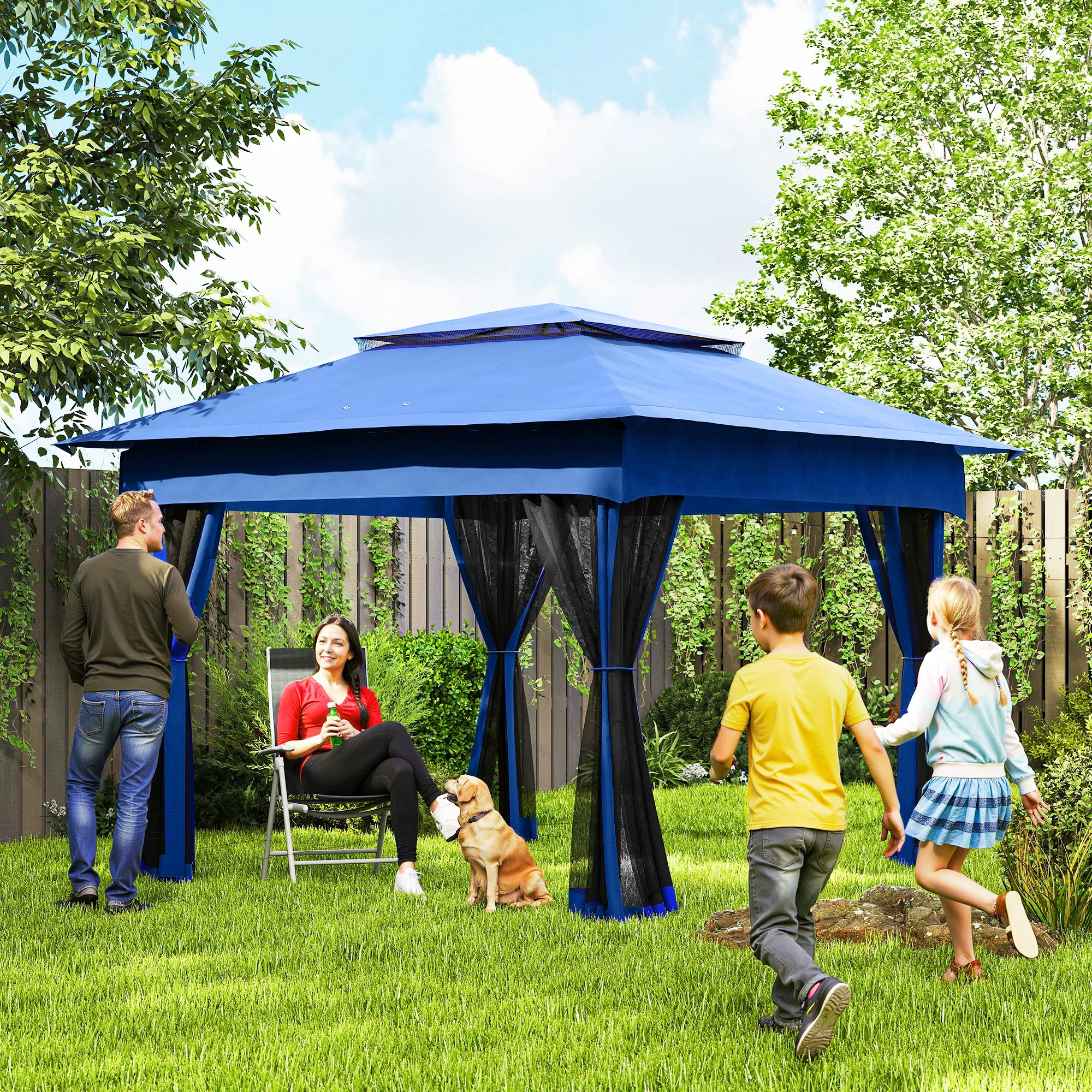 Outdoor-Pavillon mit Reißverschlussnetz, Tragetasche, 11 x 11, Blau – Bild 3