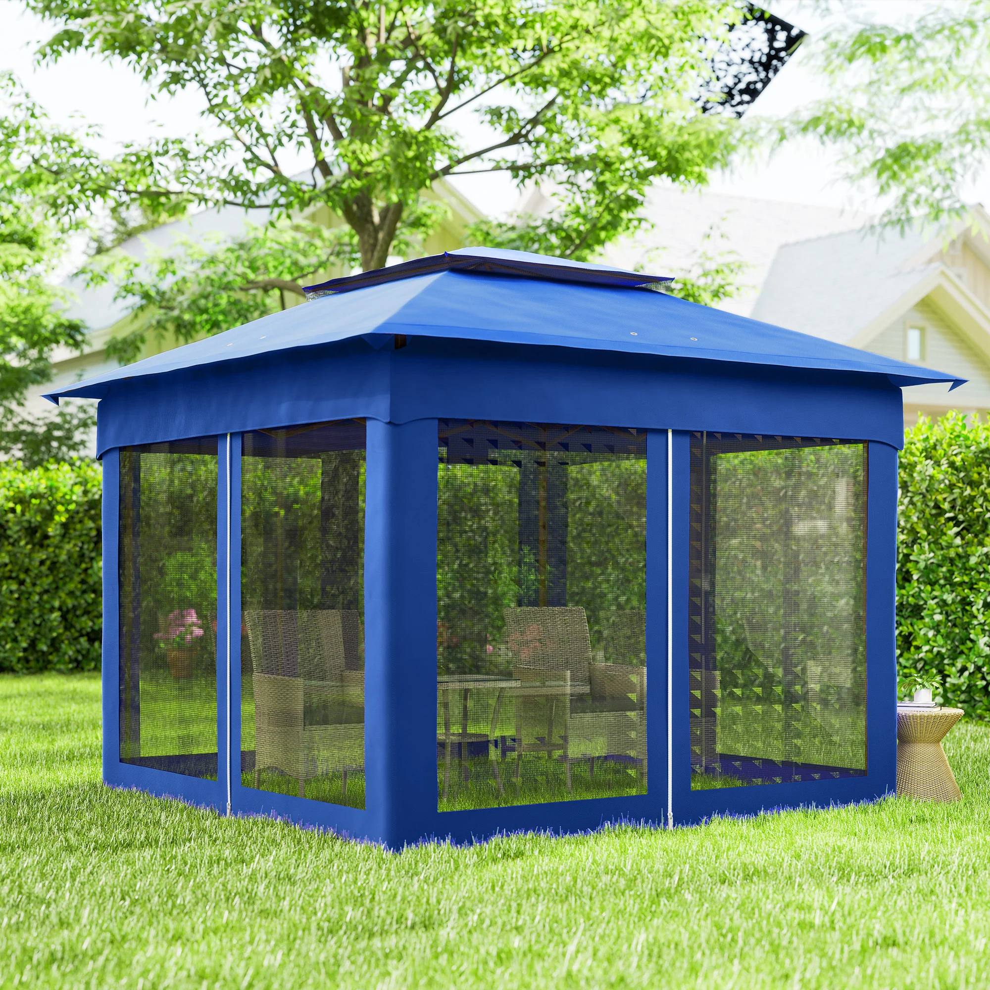 Outdoor-Pavillon mit Reißverschlussnetz, Tragetasche, 11 x 11, Blau – Bild 6