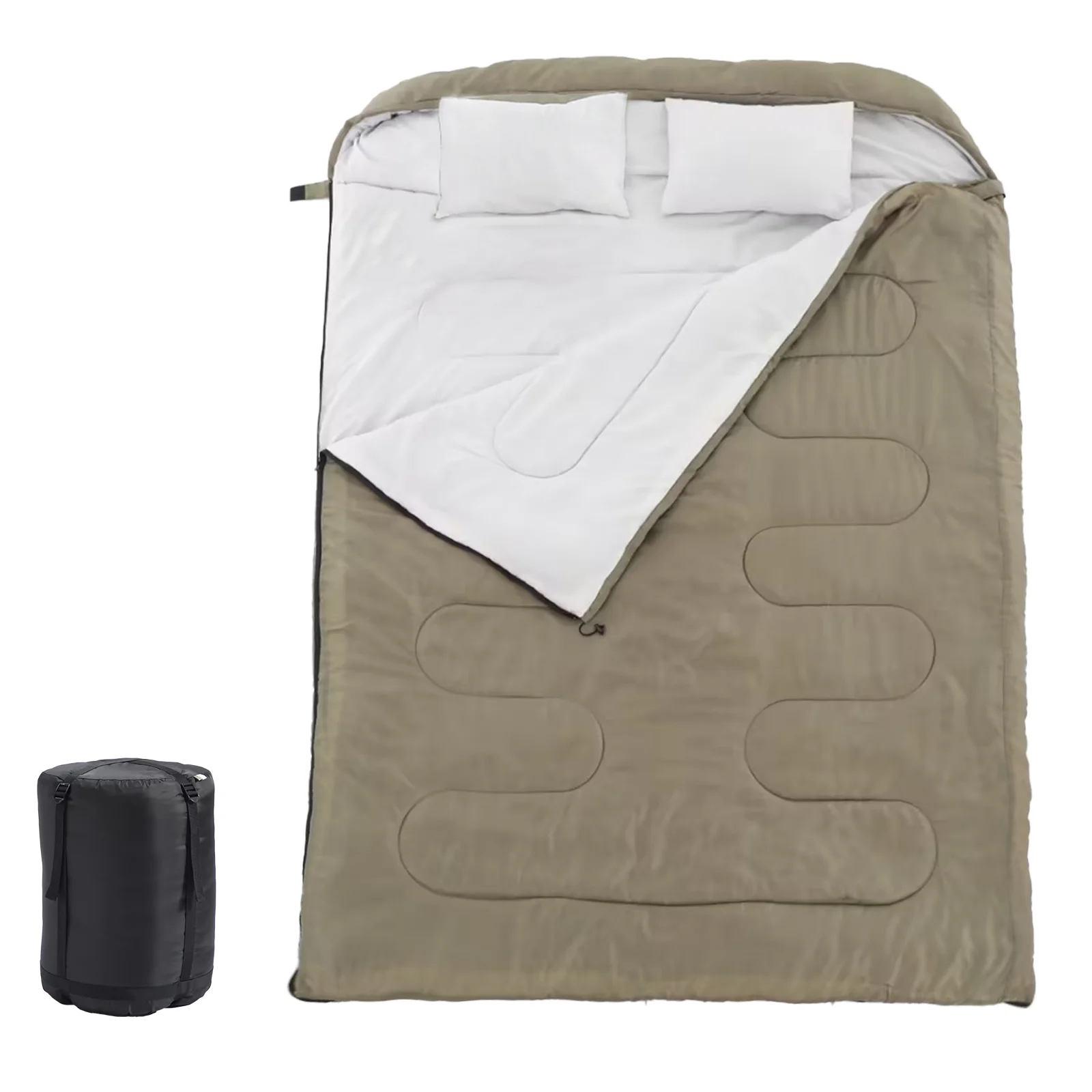CampGlut Schlafsack mit Kissen, zusammengerollt für einfachen Transport.